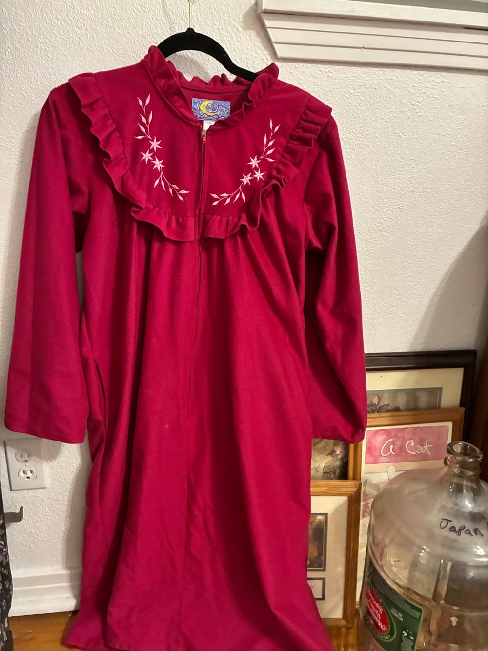 Vintage women’s ' Ruffle-Trim Zip Front Nightgown in Berry Pink